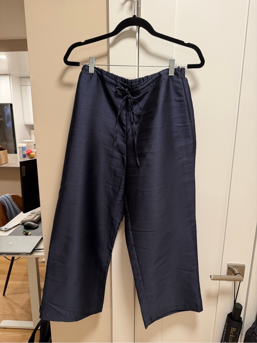 Reformation Navy Cropped Wide-Leg Drawstring Pants